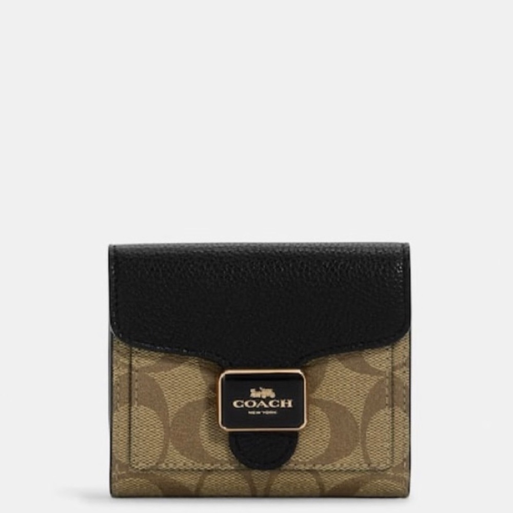 Coach Signature Canvas Snap Pepper Wallet Khaki Black Multi C7805